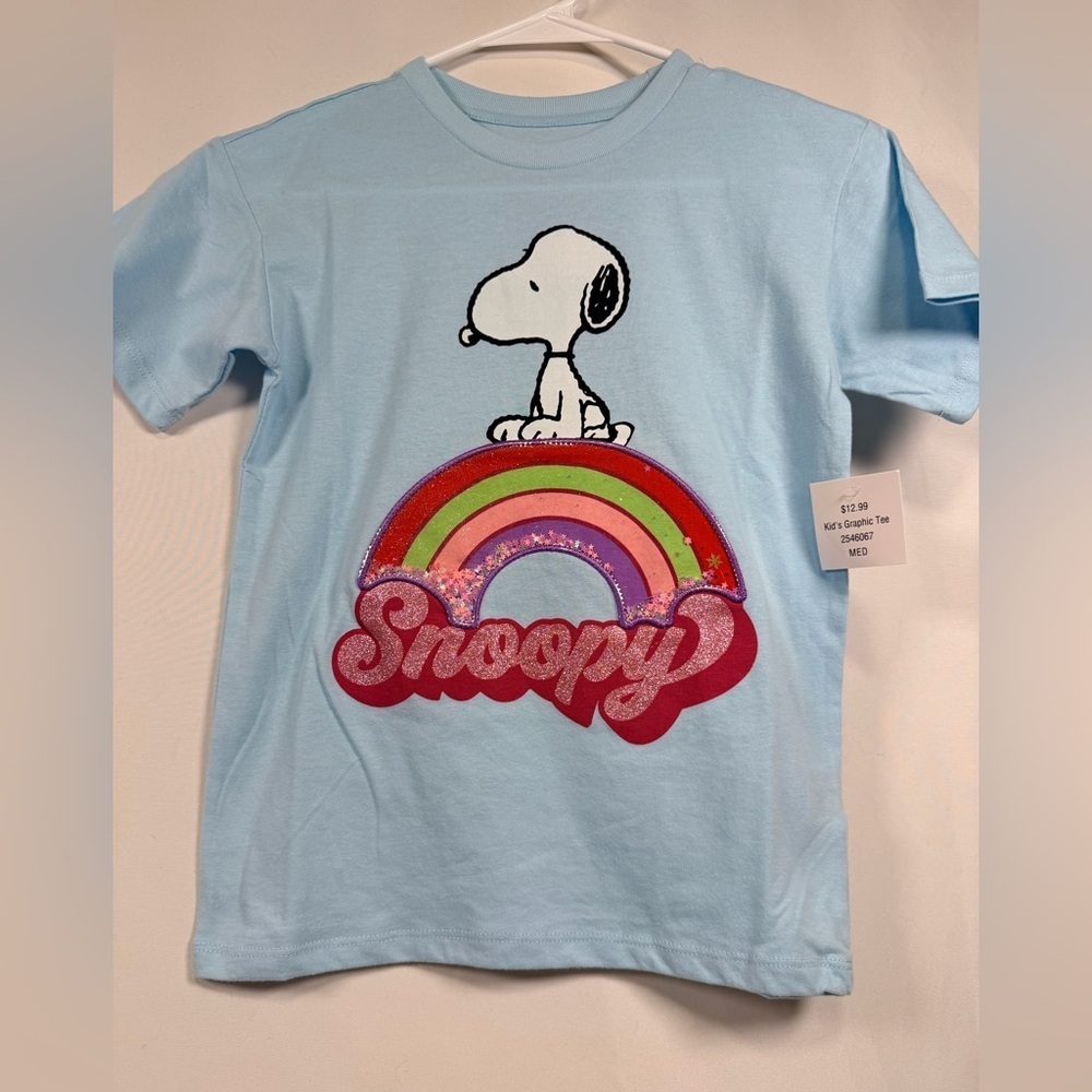 Youth Peanuts Snoopy Blue Graphic T-Shirt with Rainbow Design NWT